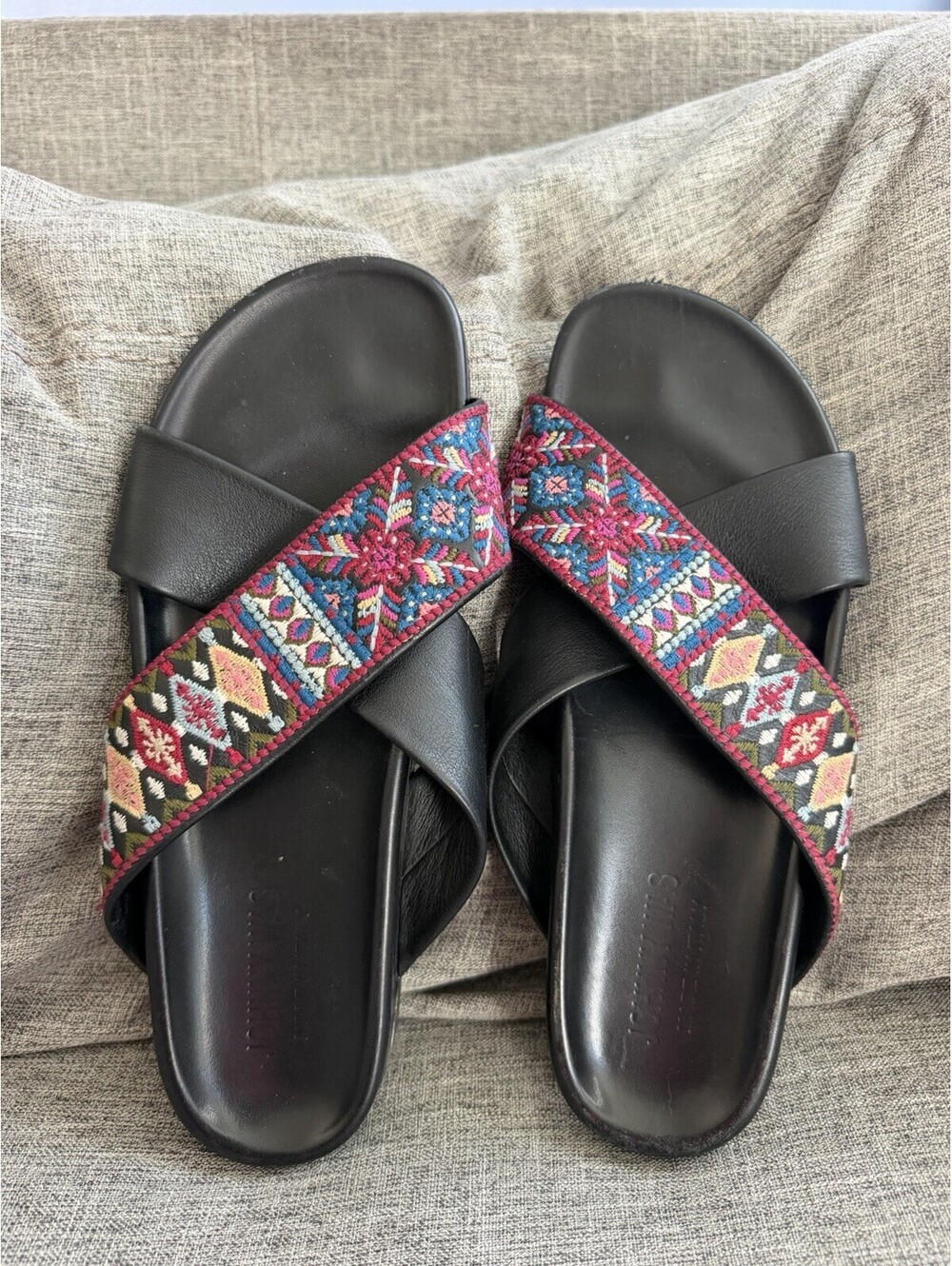 Johnny Was Beatriz Embroidered Slides Sandals Black Leather Womens 9/40